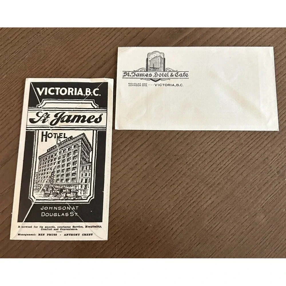 Pair of 2 Vintage HTF St. James Hotel Victoria B.C. Canada Envelopes Travel